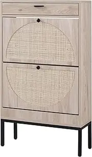 [XIAO WEI] Shoe Cabinet, Natural Semi Circle Rattan Shoe Storage Organizer Cabinet with 2 Flip Drawers, Freestanding Shoe Rack with Adjustable Shelf for Entryway