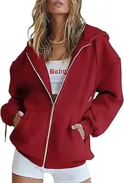 [Generic] Womens Zip Up Hoodies Long Sleeve Sweatshirts Fall Outfits Oversized Sweaters Casual Fashion Jackets, Red, X-Large