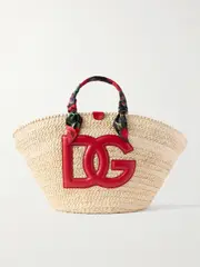 [Dolce & Gabbana] Dolce & Gabbana - Kendra Leather And Floral-print Satin Twill-trimmed Raffia Tote - Beige - One size One size Neutrals