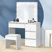 Oikiture Dressing Table Set Makeup Table with Mirror and Lights Vanity Table with Drawers for Girls Women Home Bedroom White