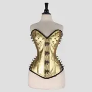 Steampunk Spiked Corset – Sexy Gold Faux Leather Bustier with Silver Clasps