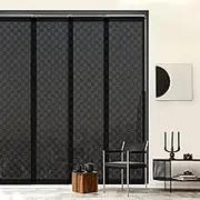 GoDear Design Deluxe Adjustable Sliding Panel Track Blind 45.8"- 86" W x 96" H, Extendable 4-Rail Track, See-Through Trimmable Natural Woven Fabric, Semi-Privacy, Checker Pattern, Black King
