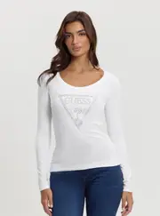 GUESS Women's White Logo Shiny Logo T-Shirt Size: Medium, Spandex