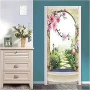 Door Stickers Wreath Arch Door Stickers Flowers 3D Wallpaper Self-Adhesive Scenery Sticker Bedroom Decor Mural Design Decal(C,90x200cm)