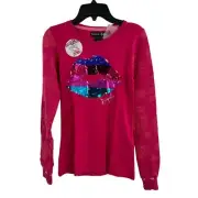 Desigual Girls Top 13/14 Pink with Flip Sequins Mouth Lips New