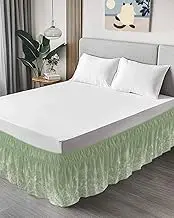 Bed Skirt Queen Size 16" Drop White Flowers Butterfly Plants Hand Drawing Sage Green Ruffled Wrap Around Bed Skirts Adjustable Elastic Bedskirt Dust Ruffle for Queen King California King Bed