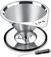 Pour Over Coffee Dripper Stainless Steel Slow Drip Coffee Filter Metal Cone Paperless Reusable Single Cup Coffee Maker with Non-Slip Cup Stand and Cleaning Brush 1-2 Cup Stainless Steel