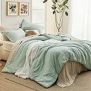 Bedsure Queen Comforter Set Sage Green, 7 Pieces Soft Queen Bedding Set with Comforter, Sheets, Pillowcases & Shams, All Season Boho Bed in a Bag Queen, Contrasting Design