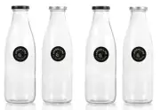 4x Lemon & Lime 1L Glass Milk Bottle Container Storage w/ Screw Top Lid Assorted