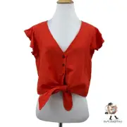 Roxy Sweeter Kind Crop Top M Medium Chili Orange Front Tie Ruffle Cap Sleeves
