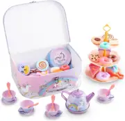 Unicorn Kids Tea Party Set with Dessert Toys Pretend Play Carry Case Toy Cake