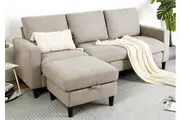 Advwin 3 Seater Sofa L-shaped Couch Modular Sofa Lounge Convertible Chaise with Storage Ottoman Linen Beige