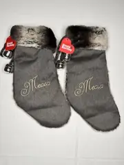 Christmas Stocking Kitty Cat Meow Faux Fur Plush 2 Bells 15 Inches Set Of 2