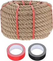 sourcing map Jute Rope 1.1 Inch x 66ft, Heavy Natural Thick Twisted Rope with 2 Roll Tapes for Crafts Railing Docks Tug of War Swing Nautical Landscaping