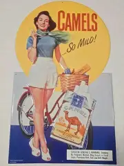 Vintage Camel Cigarette Girl with Bicycle Metal Sign 18"x30" 2006 Never Hung Up