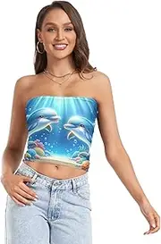[RPLIFE] Cute Dolphins Blue Crop Tube Top Womens Strapless Top, Sheer Tube Tops, Sexy Tube Tops (S)