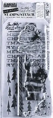 Jolly Holiday Christmas Santa Tim Holtz Clear Stamp & Tree Word Stencil Set NEW