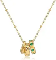 [LYLYMIMI] Women's Necklace With Green Gemstones Inlaid With Gold Plated Rings Stacked Pendant Necklace Titanium Steel Gold Necklace Jewelry