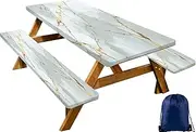 CAPSCEOLL Picnic Table Cover with Bench Covers, Waterproof Elastic Fitted Tablecloth Cover with Drawstring Bag, Camping Tablecloth for Indoor Outdoor, Gold White Grey Marble 72x30 Inch