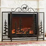 Fireplace Screen Guard, Home Fire Guard with Deer & Pine Trees Pattern， Antique Copper Hearth Screen 3 Panel Free StandingGuard for Living Room