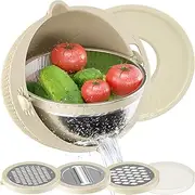 4-1 Colander with Mixing Bowl Set - Strainers for Kitchen, Food Strainers and Colanders, Pasta Strainer, Rice Strainer, Fruit Cleaner, Veggie Wash, Salad Spinner, Apartment & Home Essentials - Beige