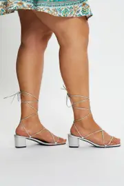 Silver Tie Up Mid Block Heels