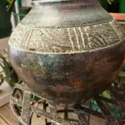 Raku Art Pottery Vase Bowl Iridescent Textured Metallic Artist Signed Studio Art