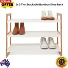 1x 3 Tier Stackable Bamboo Shoe Rack With White Shelves Storage Organizer