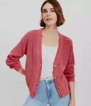 LOFT Women's Slate-Rose Ribbed 100% Cotton Button-Up Knit Cardigan Sweater XXL