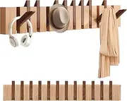 Uandhome Wood Coat Rack Wall Mount,Wall Mounted Piano Coat RackCoat Hooks Hanger Wall Mounted,Flip Down Wall Hook Rack 12 Hooks for Entryway,Bathroom,Bedroom,Kitchen (Wood)