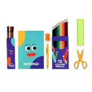 24Pcs Kids Coloring Drawing Stencils 12 Pencils 4 Markers Sharpener Scissors Set