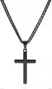 Cross Necklace for Men, Silver Gold Stainless Steel Plain Cross Pendant Necklace for Men Cuban Chain 18-26 Inch Black 26 Inches
