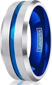 [King's Cross] Brilliant 8mm Silver Tungsten Carbide Wedding Band w/Recessed Thin Blue Line Stripe & Blue Inner Band.