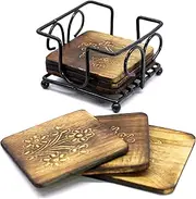 Wooden Tea Coffee Coasters/Rustic Vintage Look Coasters Set with Wrought Iron Holder