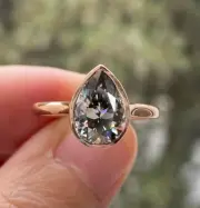 Solitaire Gray Moissanite Pear Cut Ring Bezel Set Grey Engagement Ring 14k Gold