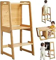 CHUCII Learning Tower, Kids Foldable Learning Tower with Blackboard, 4-in-1 Foldable Kitchen Tower for Learning, for Kitchen Counter Bathroom Sink (Wood)