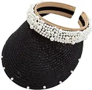 [Byrotson] Womens Pearls Headband Visor, Summer Sun Hats with Ponytail Hole Wide Brim Straw Hat UV Protection Beach Cap for Travel
