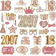 Kuxriox 30Pcs 18th Birthday Photo Booth Props for Women, Pink Rose Gold Vintage 2007 18 Birthday Selfie Props Kit with Sticks Party Supplies Favors, Happy Eighteen Bday Photo Props Decor