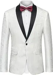[JEShifangjiusu] Men's Suit Slim Fit Floral Tuxedo Jacket Classic Shawl Lapel Suit Coat With Bow For Wedding Party Prom, white, XXL
