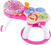 BABY JOY 3 in 1 Baby Stationary Activity Center, Kids Play Table Set w/Educational & Music Function Tabletop, 3 Adjustable Seat Height, 2 Smooth Wheels, Toddler Activity Table for 6-36 Months (Pink)