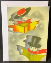 Wright Card Co. Christmas Card UNUSED Retro Design 2 Snowmen Singing Snowflakes