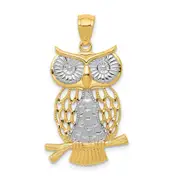 14k Yellow & Rhodium Gold w/ Rhodium Diamond-cut Polished Moveable Owl Pendant