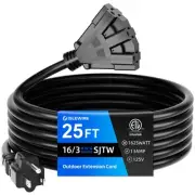 25 FT 3 Outlet Outdoor Extension Cord Waterproof, 16/3 SJTW Black Extension C...
