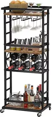 4 Tier Bar Cart for Home with Wheels,Home Bar Serving Cart, Rolling Mini Wine