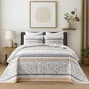 Bedduvit 100% Cotton 120"x128" Oversized California King Bedspread - Farmhouse Floral Striped Patchwork Extra Wide Quilted Quilt, Rustic Lightweight Comforter Cal King Quilts, 3pcs, Yellow/Gray/White
