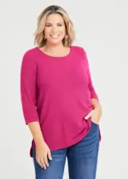 TS VIRTUELLE 3/4 Sleeve Textured Rib Crew Neck Top Hot Pink Size S (16-18) *NWTS
