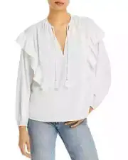 Aqua Boho Ruffled Peasant Top in Ivory, XS