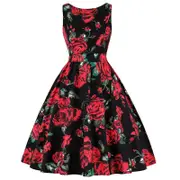 Nevenka Womens Vintage Floral A Line Dress Casual Cocktail Party Swing Dresses-Black Red