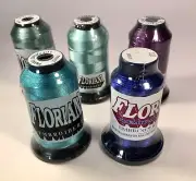 New FIVE Shades Of Green Blue Purple Floriani Polyester Embroidery Thread Lot