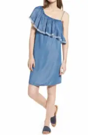 NWT Splendid Chambray Denim One Shoulder Fringe Trim Dress Small